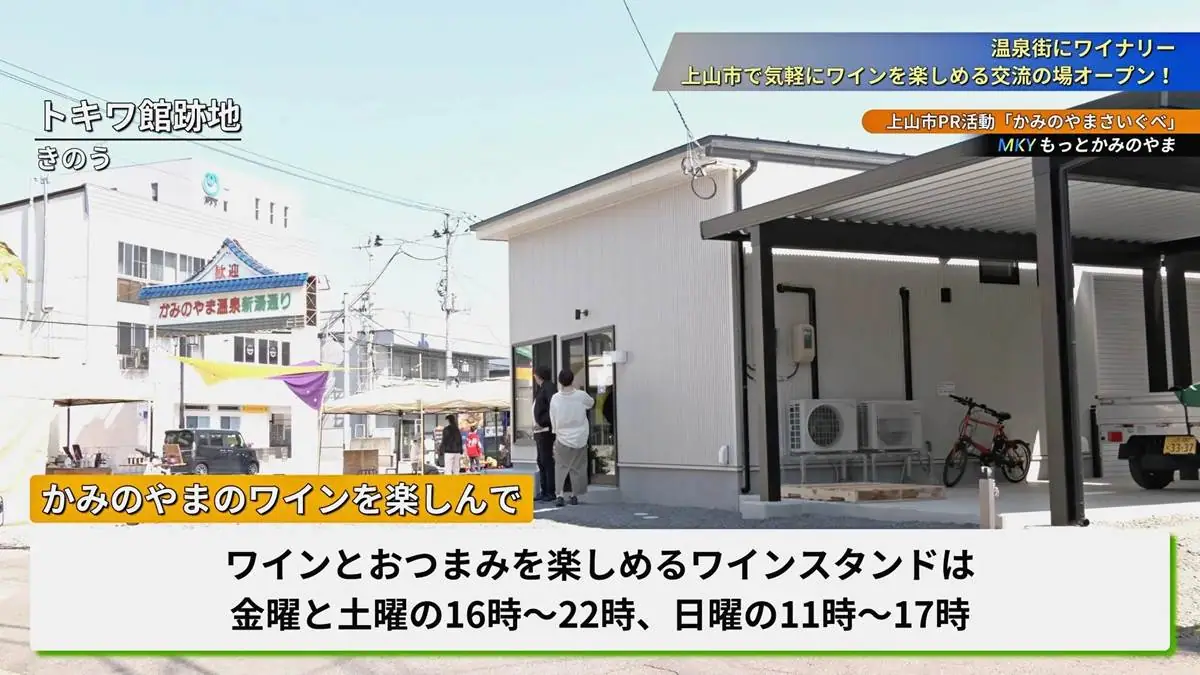 右側の白い建物がワイナリーとワインスタンド = 2023年4月1日 トキワ館跡地前