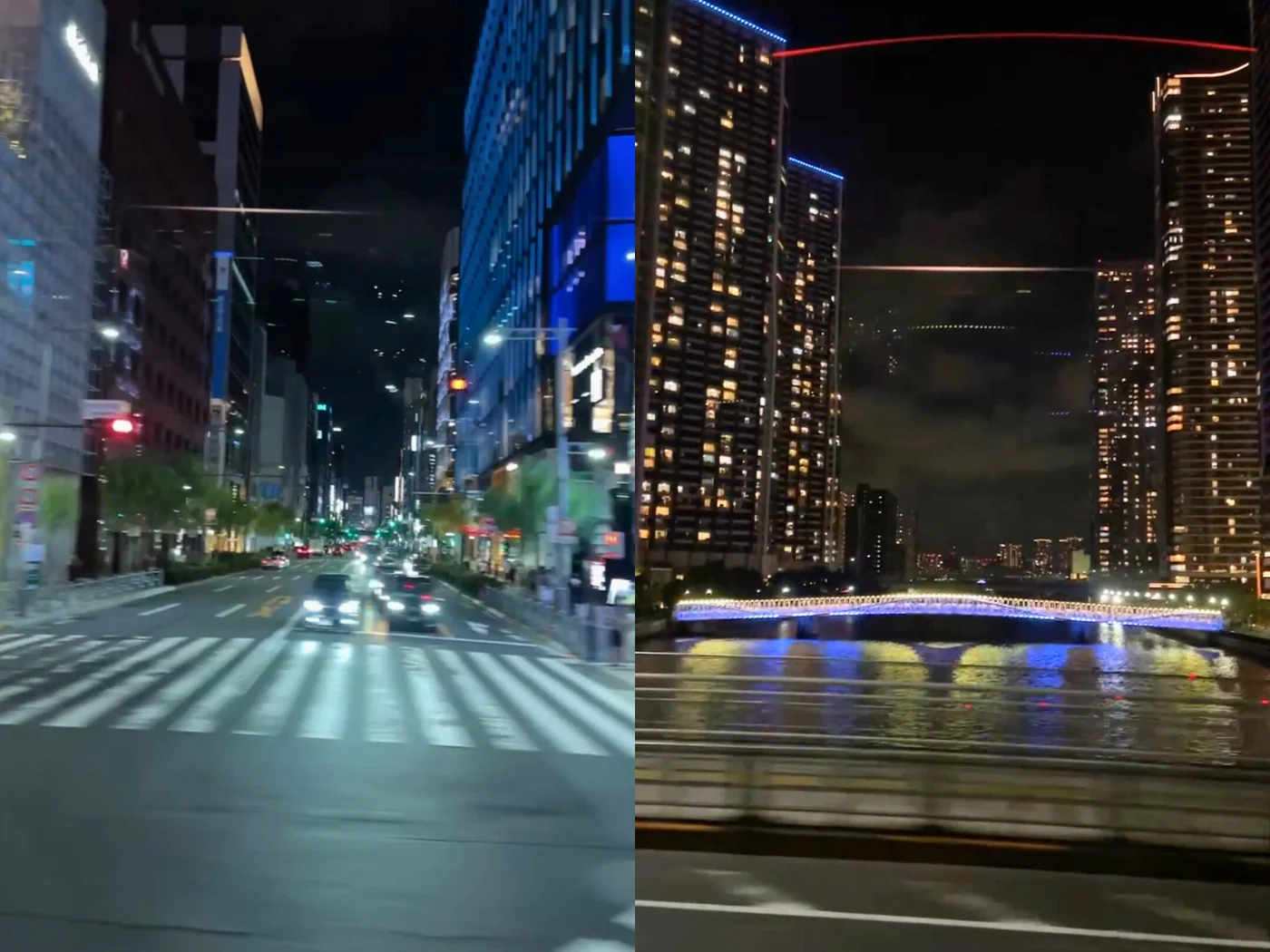銀座の街並みと黎明小橋のライトアップ = 2025年8月16日 中央区銀座5丁目・江東区豊洲6丁目(首都高10号晴海線)