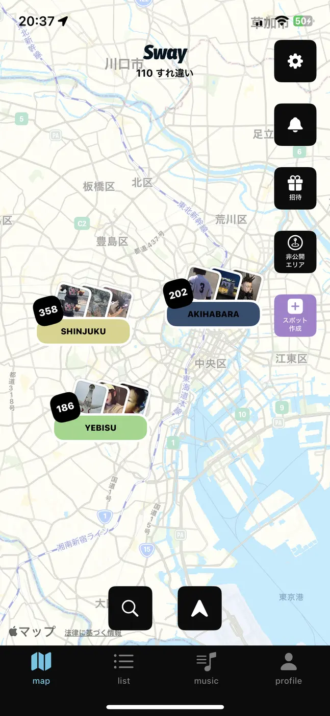 アプリのメイン画面は地図とスポット、すれ違ったユーザーが表示される