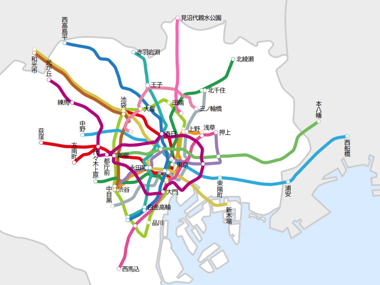 おおよそのフリーエリア(山手線・東京メトロ・都営系鉄道)