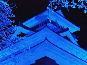 上山城がブルーにライトアップ！ 桜とお城のツーショット、世界自閉症啓発デーに合わせ