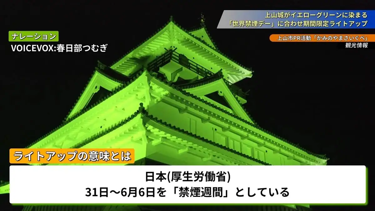 LED投光器により照らされ、通常は白色のライトアップ = 2023年5月31日 上山城